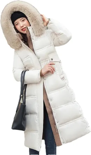 Pulcykp Women Winter Thickened Down Cotton-Padded Jacket Long Over-The-Knee Hooded Wool Collar Belt Coat