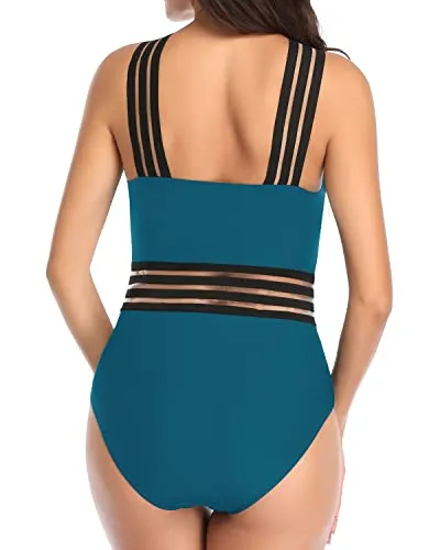 Push Up Bras Support One Piece Tummy Control Bathing Suit-Teal