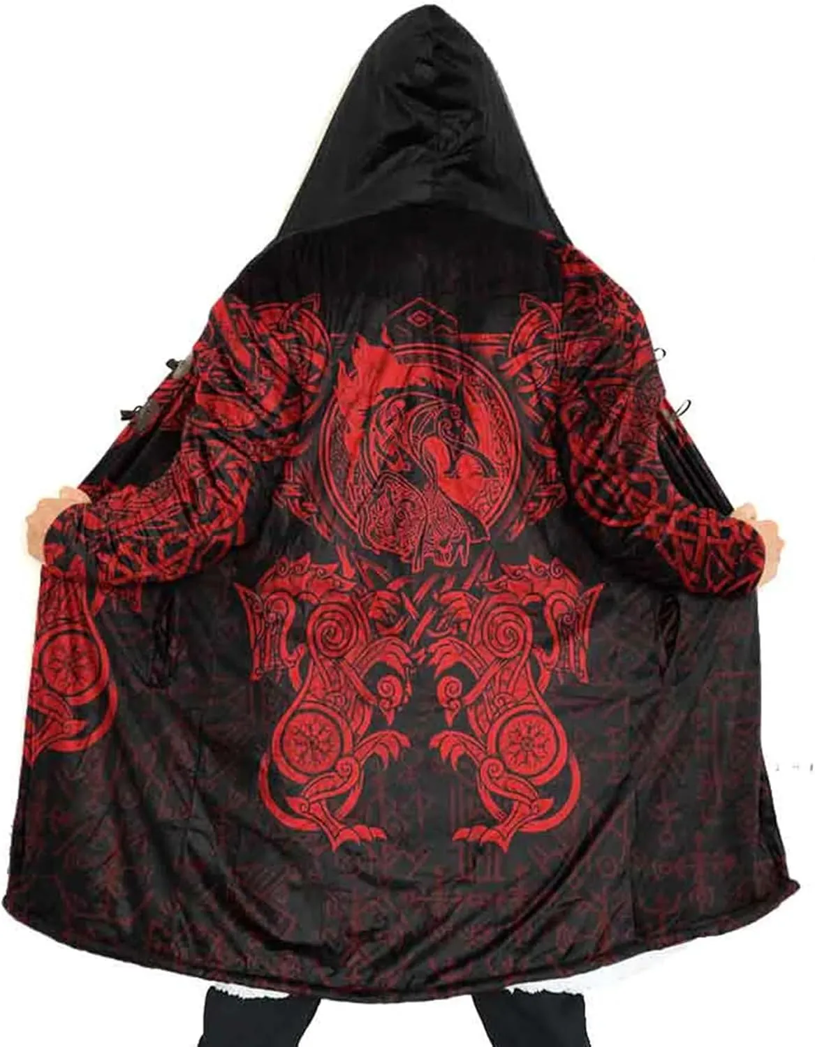 Ragnarok Fenrir Wolf 3D All Print Mens Hooded Coat Viking Fashion Parka Winter Warm Fleece Cloak Jacket Gifts for Men