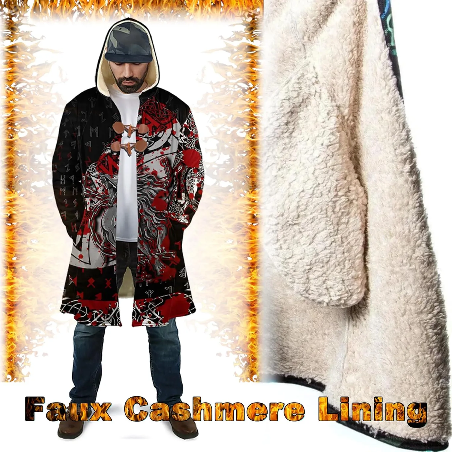 Ragnarok Fenrir Wolf 3D All Print Mens Hooded Coat Viking Fashion Parka Winter Warm Fleece Cloak Jacket Gifts for Men