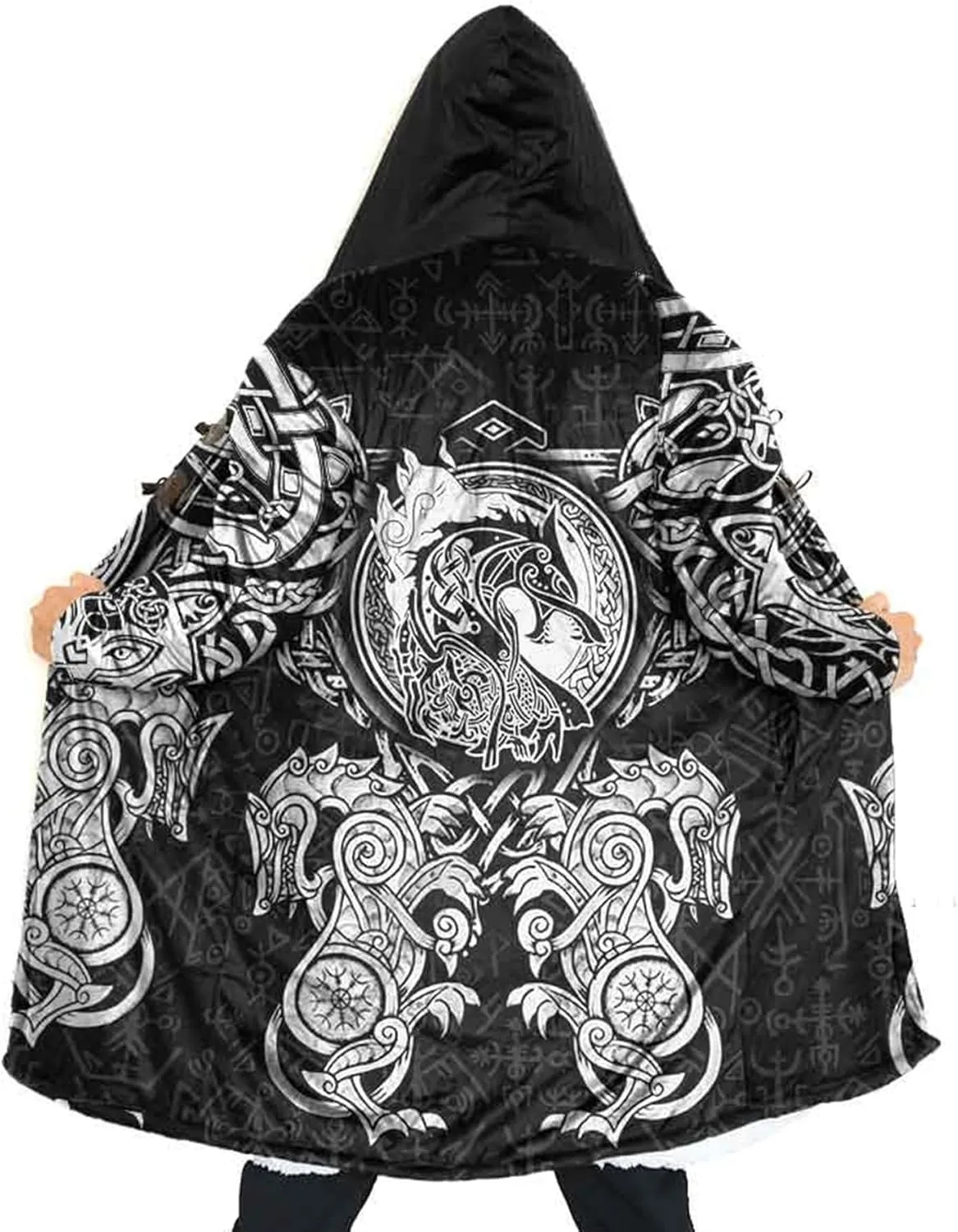 Ragnarok Fenrir Wolf 3D All Print Mens Hooded Coat Viking Fashion Parka Winter Warm Fleece Cloak Jacket Gifts for Men