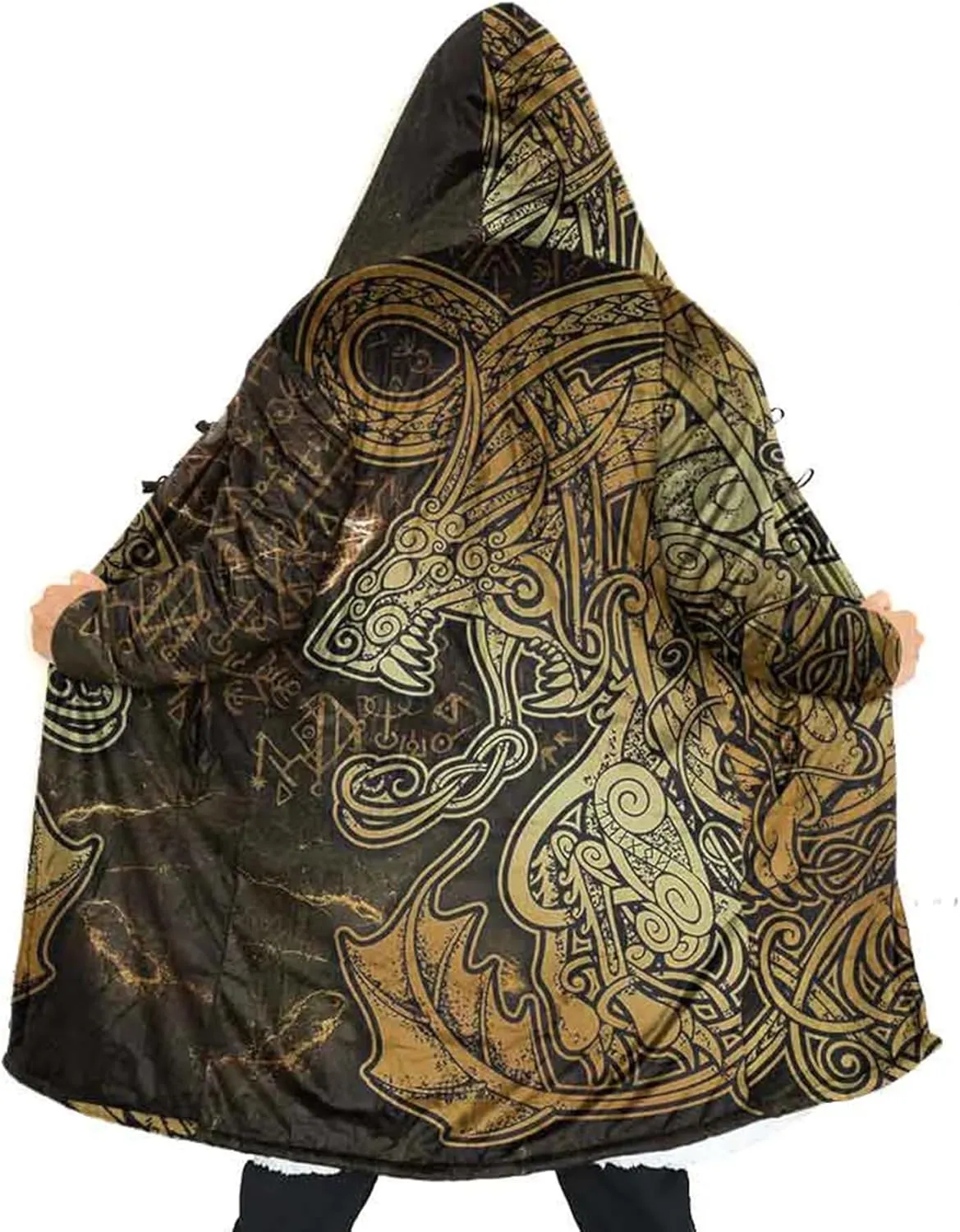 Ragnarok Fenrir Wolf 3D All Print Mens Hooded Coat Viking Fashion Parka Winter Warm Fleece Cloak Jacket Gifts for Men