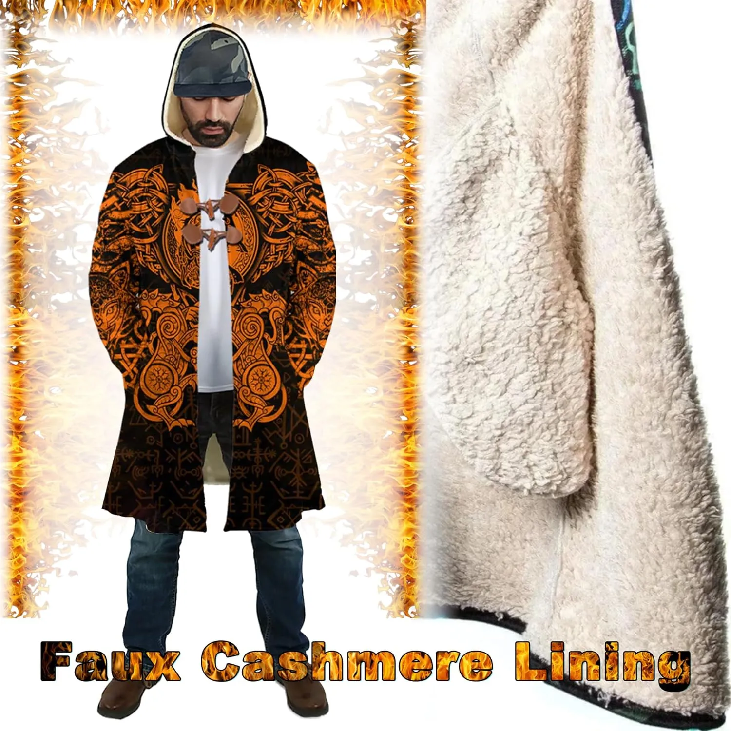 Ragnarok Fenrir Wolf 3D All Print Mens Hooded Coat Viking Fashion Parka Winter Warm Fleece Cloak Jacket Gifts for Men