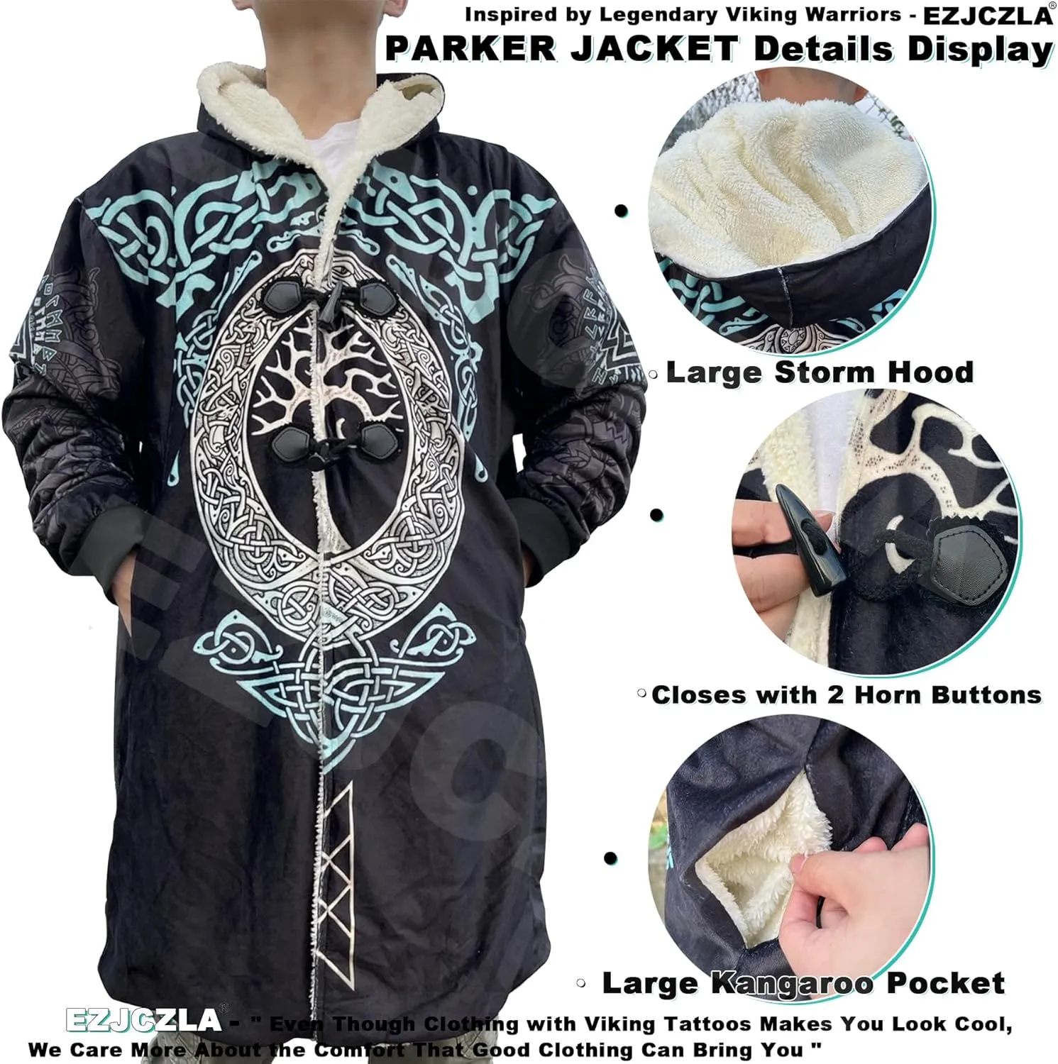 Ragnarok Fenrir Wolf 3D All Print Mens Hooded Coat Viking Fashion Parka Winter Warm Fleece Cloak Jacket Gifts for Men