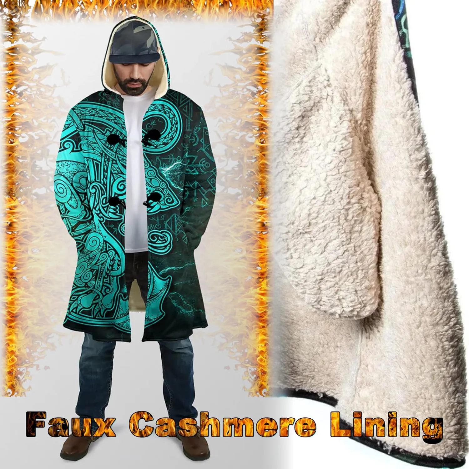 Ragnarok Fenrir Wolf 3D All Print Mens Hooded Coat Viking Fashion Parka Winter Warm Fleece Cloak Jacket Gifts for Men