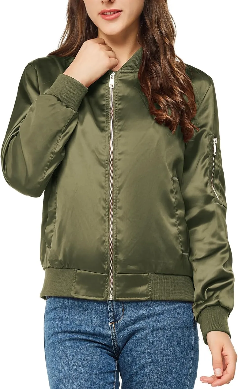 Rasujie Satin Bomber Jacket Women Zip Up Varsity Jacket Fall Windbreaker Outerwear with Pockets