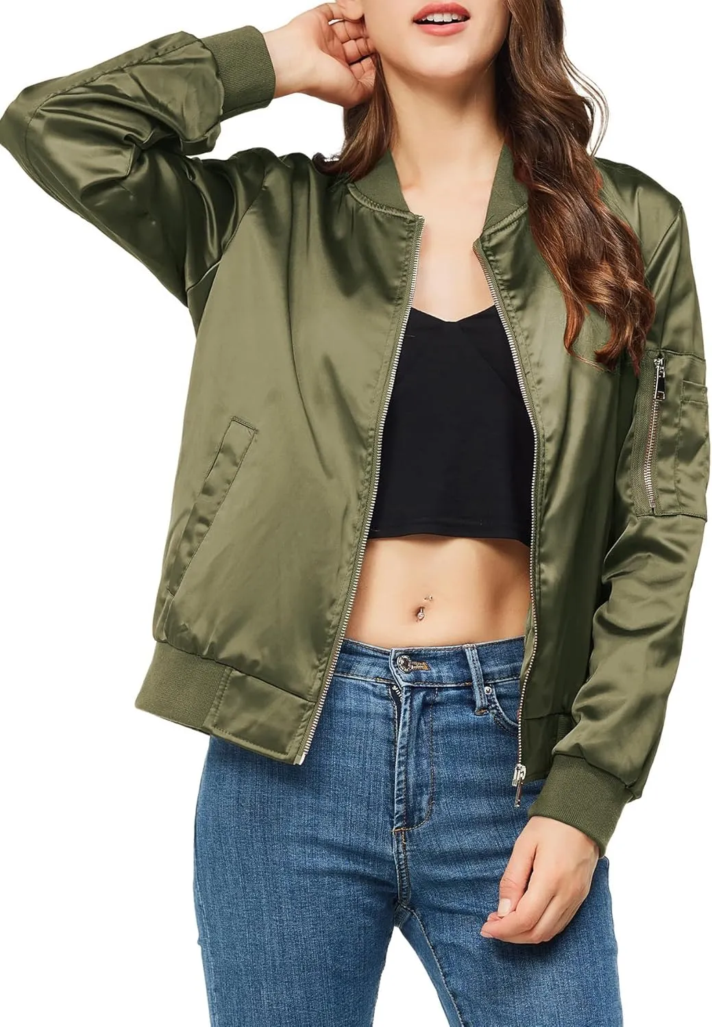 Rasujie Satin Bomber Jacket Women Zip Up Varsity Jacket Fall Windbreaker Outerwear with Pockets