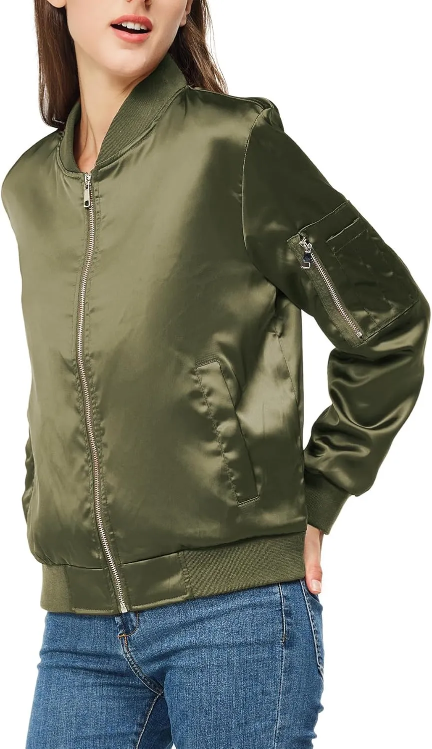 Rasujie Satin Bomber Jacket Women Zip Up Varsity Jacket Fall Windbreaker Outerwear with Pockets