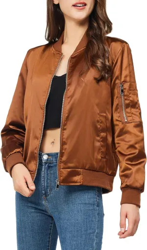 Rasujie Satin Bomber Jacket Women Zip Up Varsity Jacket Fall Windbreaker Outerwear with Pockets