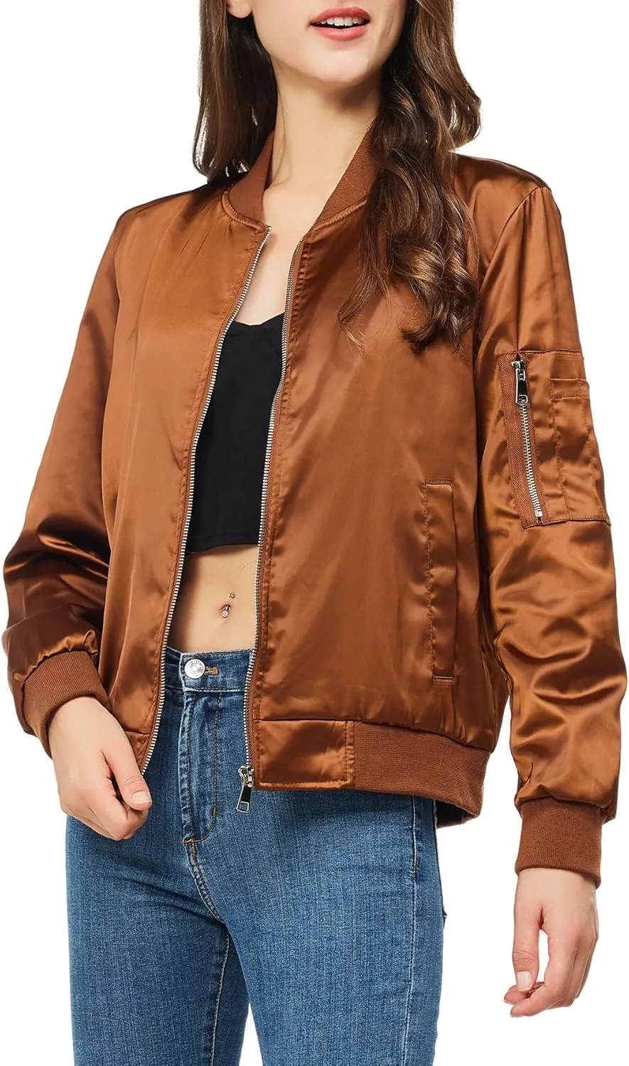 Rasujie Satin Bomber Jacket Women Zip Up Varsity Jacket Fall Windbreaker Outerwear with Pockets