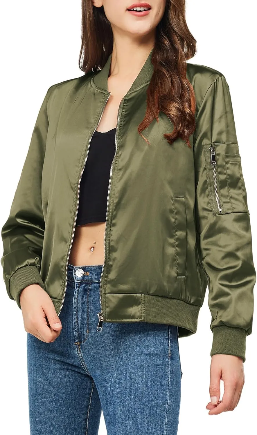 Rasujie Satin Bomber Jacket Women Zip Up Varsity Jacket Fall Windbreaker Outerwear with Pockets