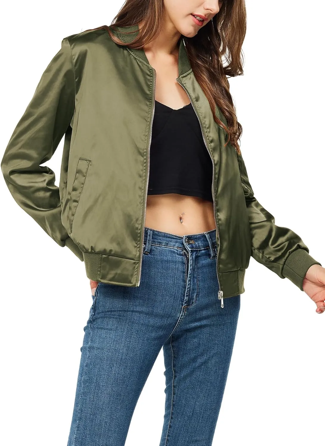 Rasujie Satin Bomber Jacket Women Zip Up Varsity Jacket Fall Windbreaker Outerwear with Pockets