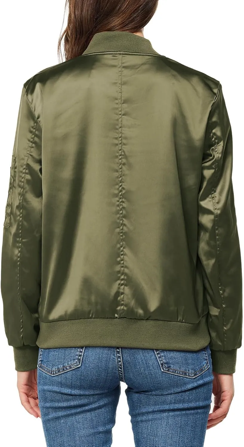 Rasujie Satin Bomber Jacket Women Zip Up Varsity Jacket Fall Windbreaker Outerwear with Pockets