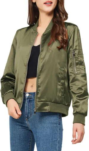 Rasujie Satin Bomber Jacket Women Zip Up Varsity Jacket Fall Windbreaker Outerwear with Pockets