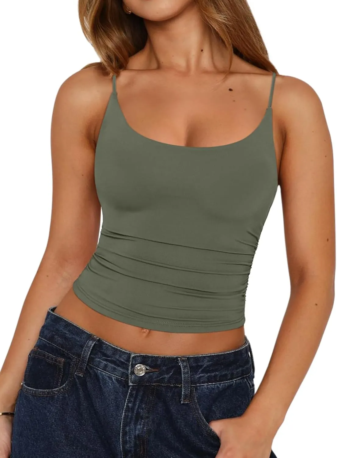 REORIA Women's Sexy Scoop Neck Tank Top Summer Sleeveless Cute Y2K Cami Tops Basic Going Out Crop Shirt