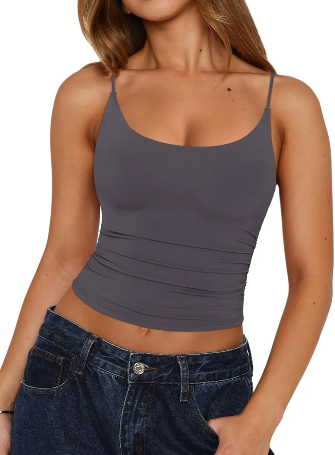 REORIA Women's Sexy Scoop Neck Tank Top Summer Sleeveless Cute Y2K Cami Tops Basic Going Out Crop Shirt