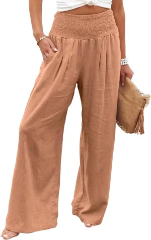 Reyox Women's Casual Elastic Waist Wide Leg Pants Cotton Linen Comfy Lounge Pants
