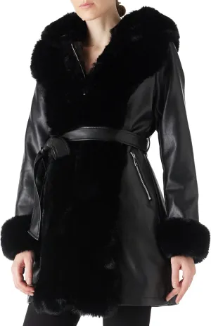 RISISSIDA Faux Leather Fur Lined Jacket Women Winter Coat with Hood and Fur Collar,Thicken Warm Heavy Overcoat Belted