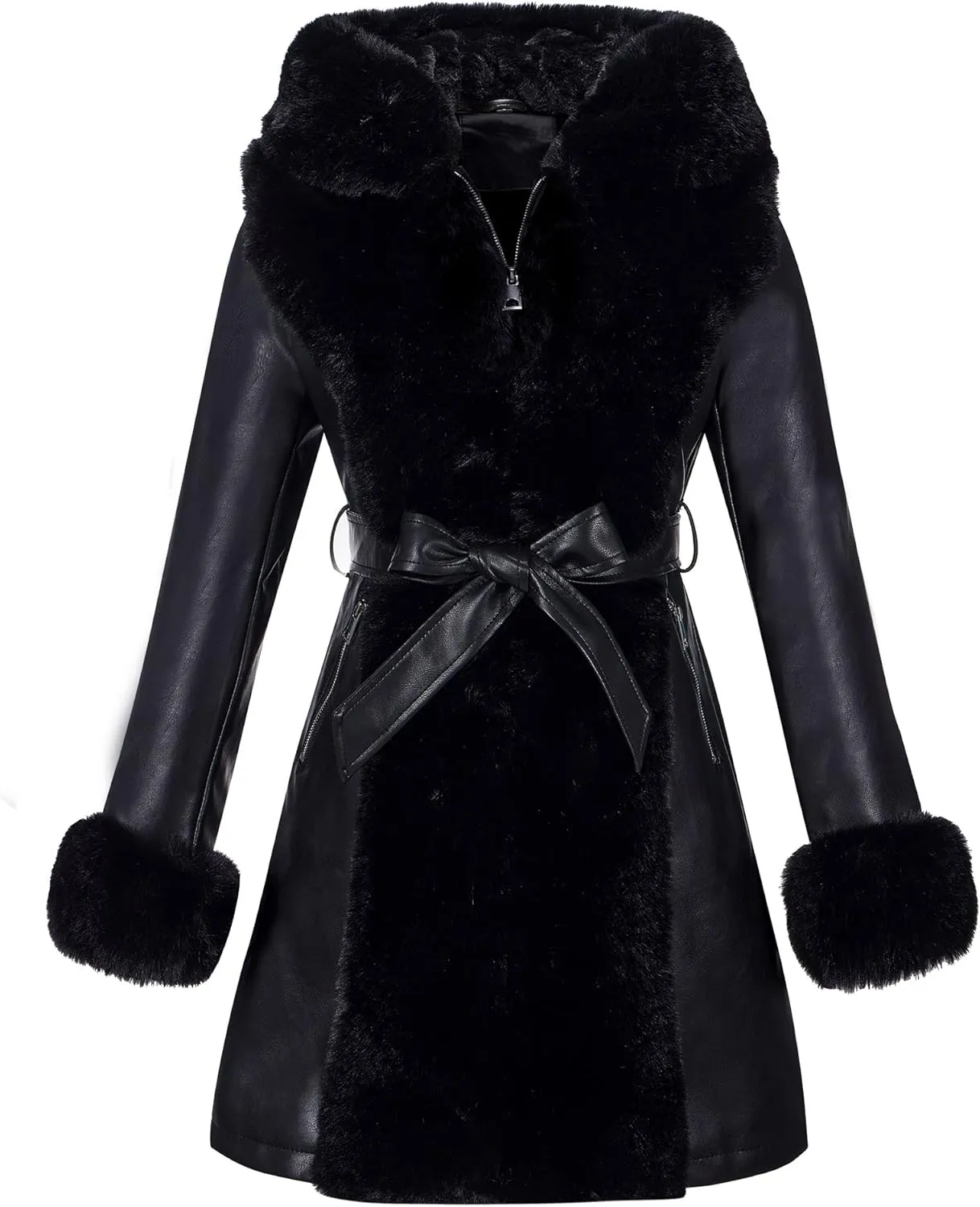 RISISSIDA Faux Leather Fur Lined Jacket Women Winter Coat with Hood and Fur Collar,Thicken Warm Heavy Overcoat Belted