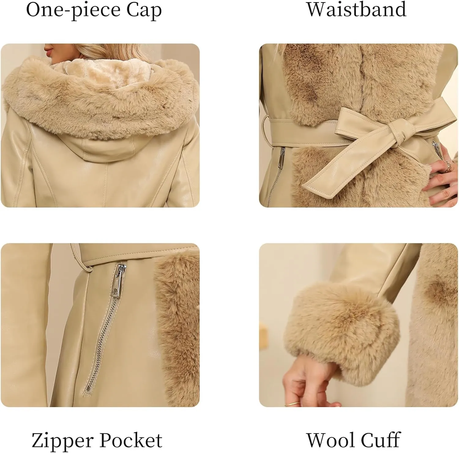 RISISSIDA Faux Leather Fur Lined Jacket Women Winter Coat with Hood and Fur Collar,Thicken Warm Heavy Overcoat Belted