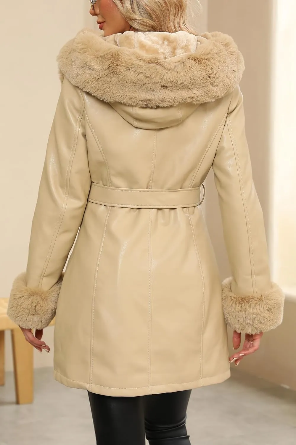 RISISSIDA Faux Leather Fur Lined Jacket Women Winter Coat with Hood and Fur Collar,Thicken Warm Heavy Overcoat Belted
