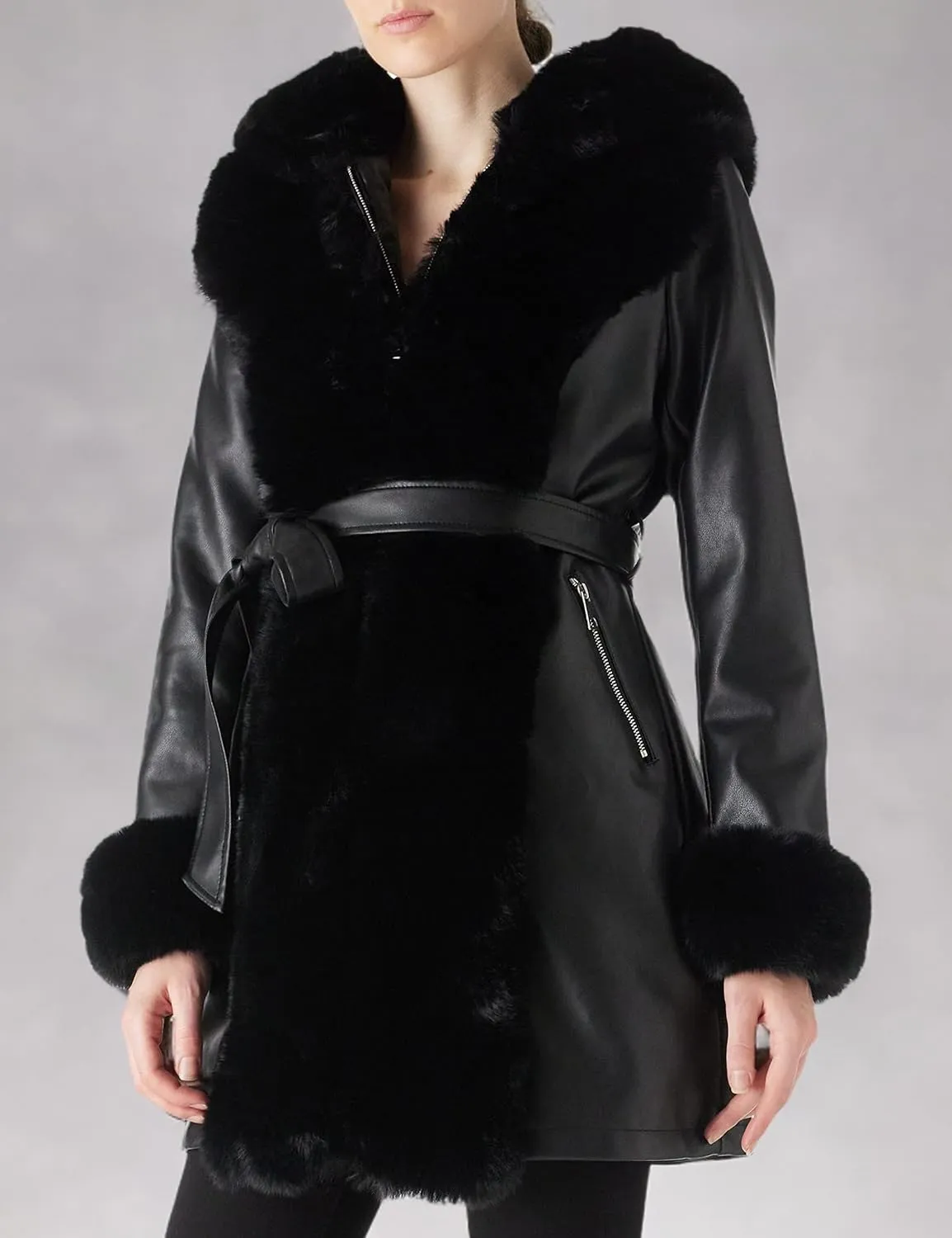 RISISSIDA Faux Leather Fur Lined Jacket Women Winter Coat with Hood and Fur Collar,Thicken Warm Heavy Overcoat Belted