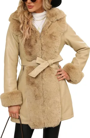 RISISSIDA Faux Leather Fur Lined Jacket Women Winter Coat with Hood and Fur Collar,Thicken Warm Heavy Overcoat Belted