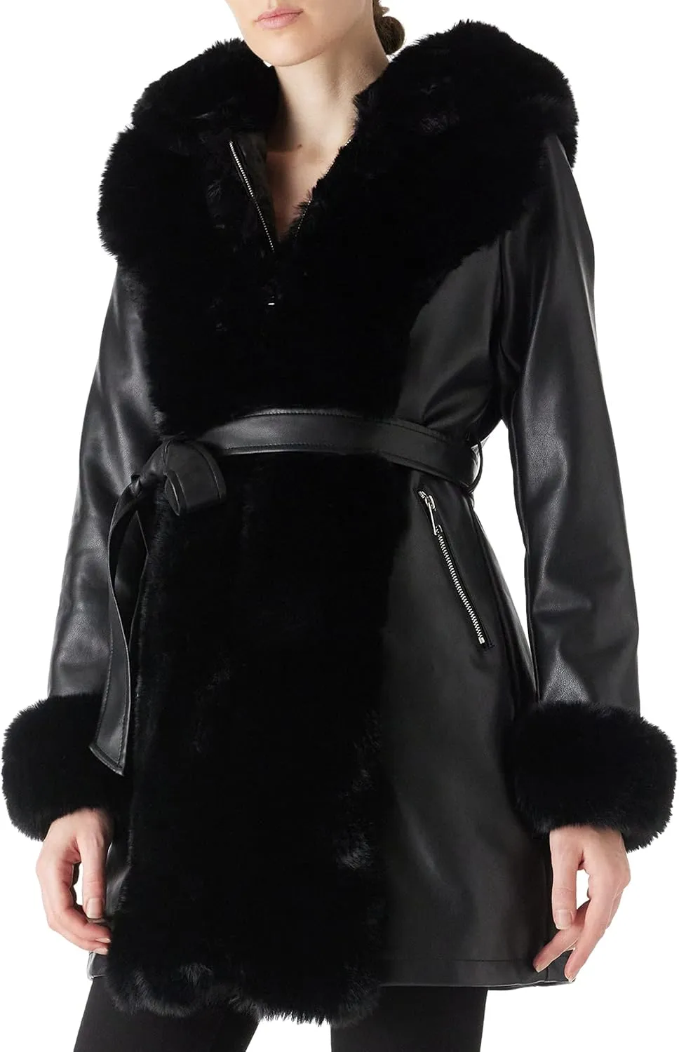 RISISSIDA Faux Leather Fur Lined Jacket Women Winter Coat with Hood and Fur Collar,Thicken Warm Heavy Overcoat Belted