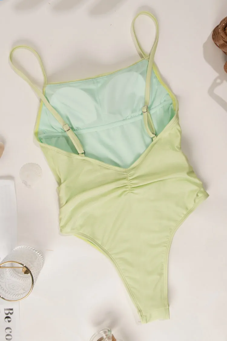Romantic Garden Square Neck Ruching One Piece Swimsuit