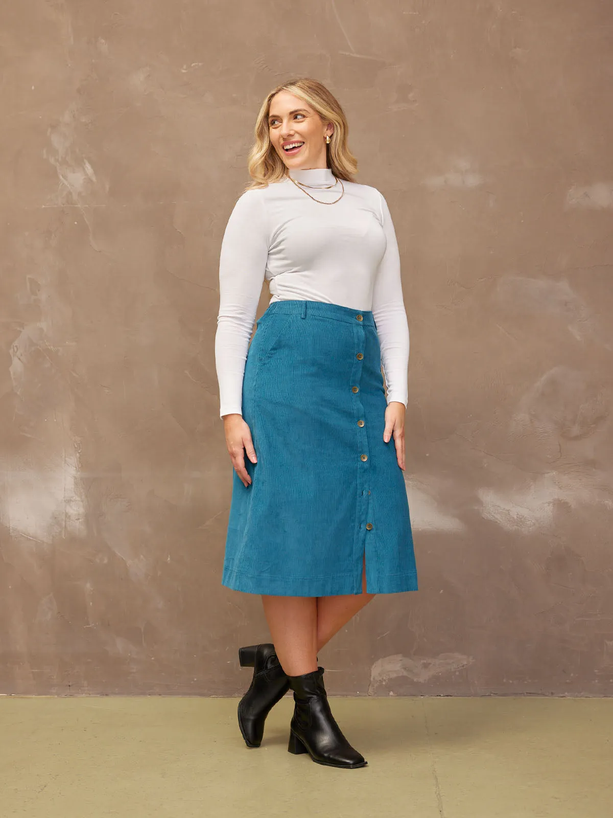 Roxy - Cord Midi Skirt - Teal