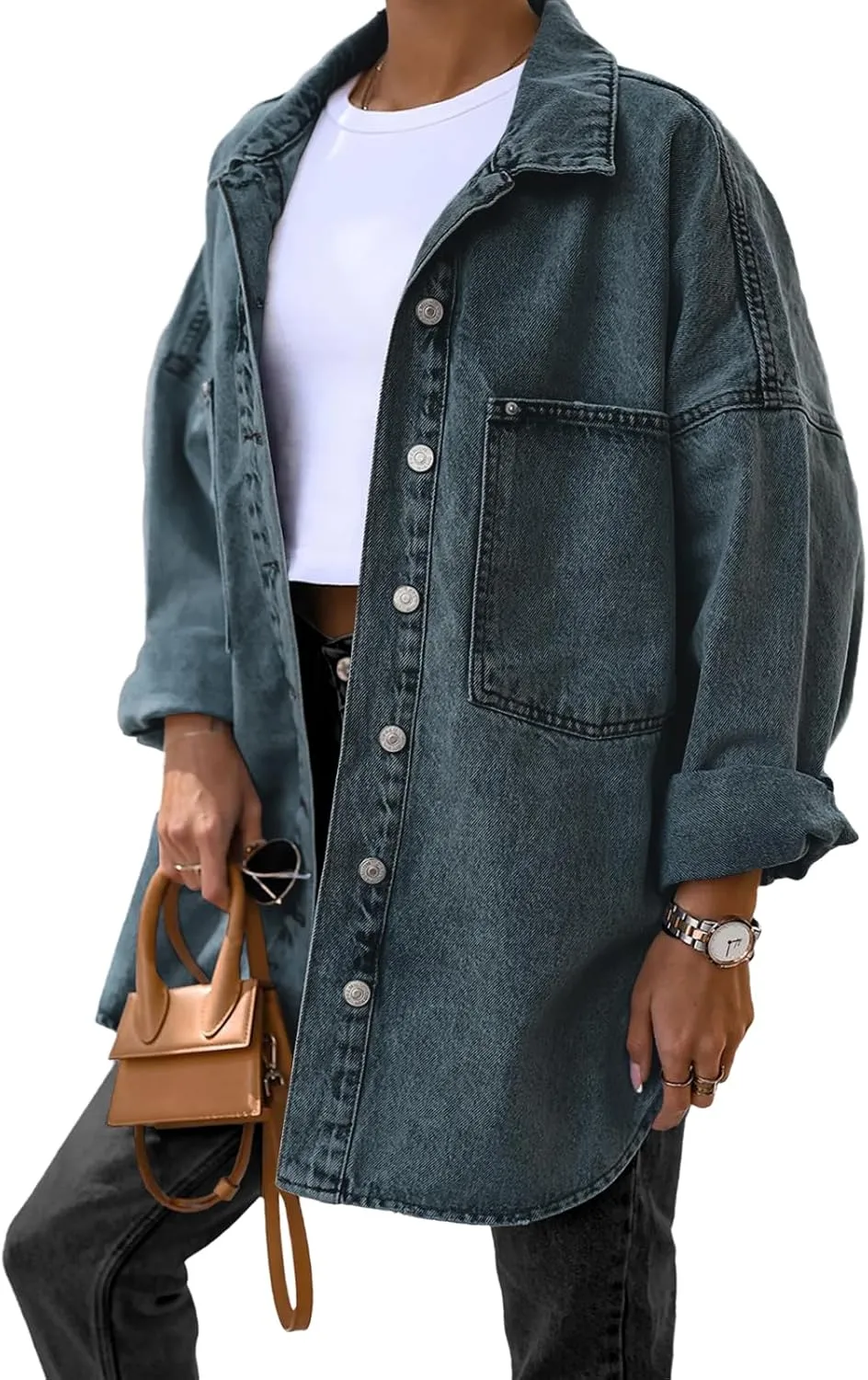 Saodimallsu Women's Oversized Denim Jackets Casual Button Down Long Boyfriend Jean Coats with Pockets