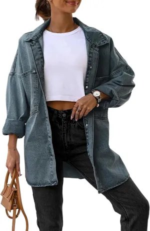 Saodimallsu Women's Oversized Denim Jackets Casual Button Down Long Boyfriend Jean Coats with Pockets