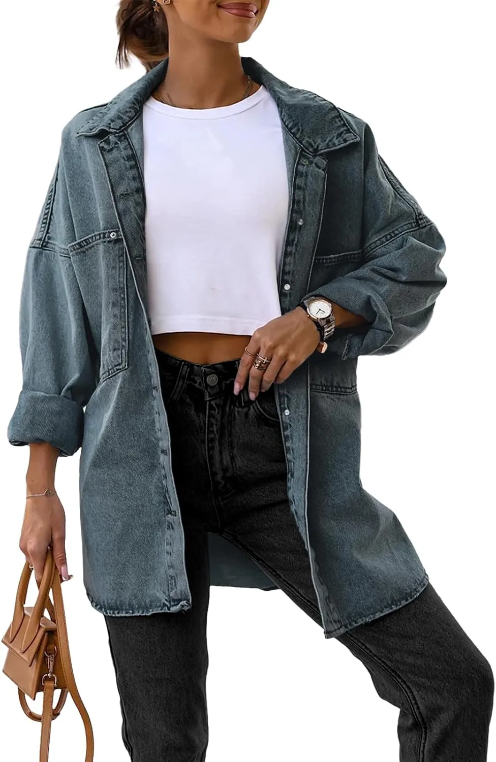 Saodimallsu Women's Oversized Denim Jackets Casual Button Down Long Boyfriend Jean Coats with Pockets