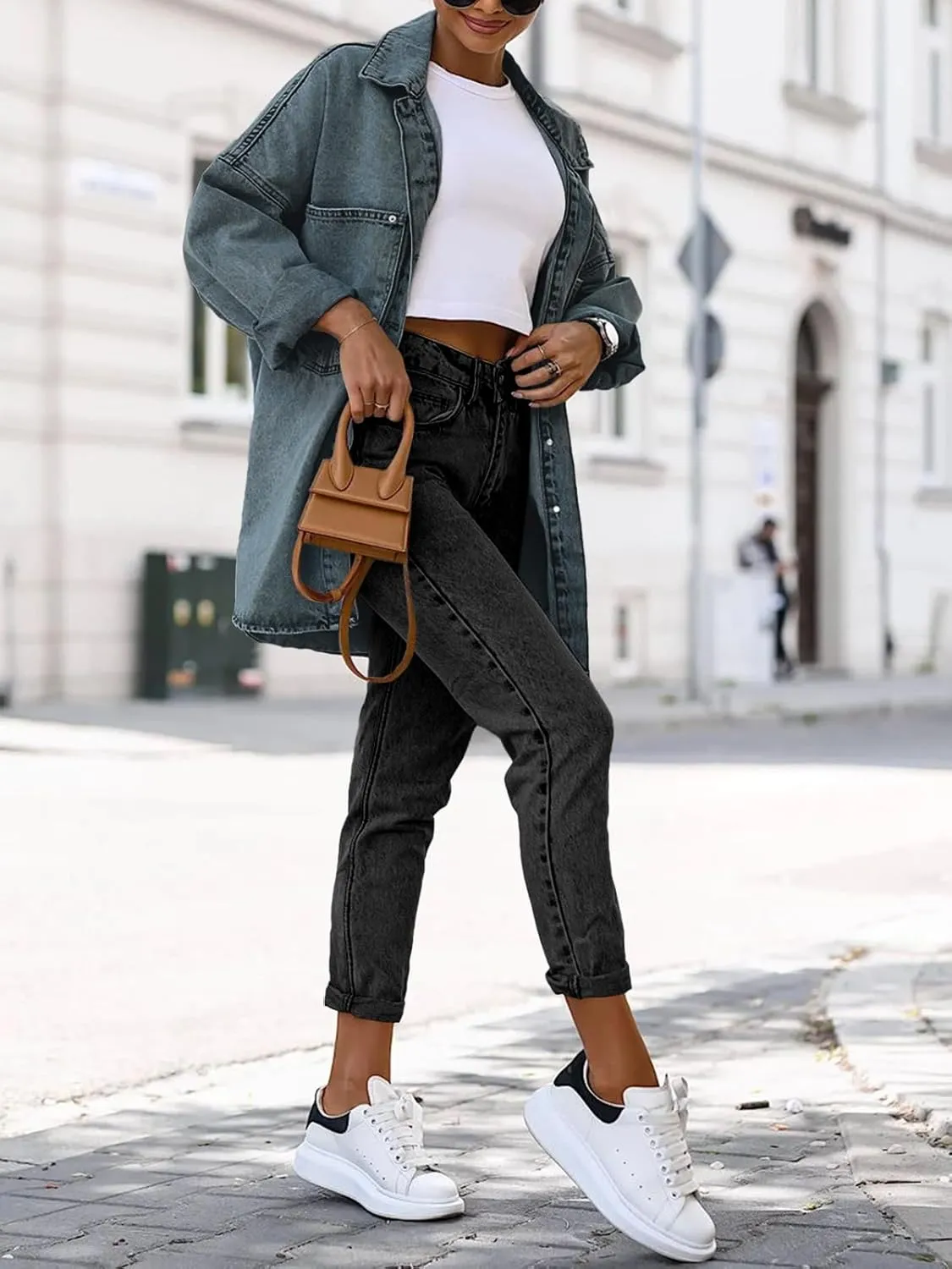 Saodimallsu Women's Oversized Denim Jackets Casual Button Down Long Boyfriend Jean Coats with Pockets