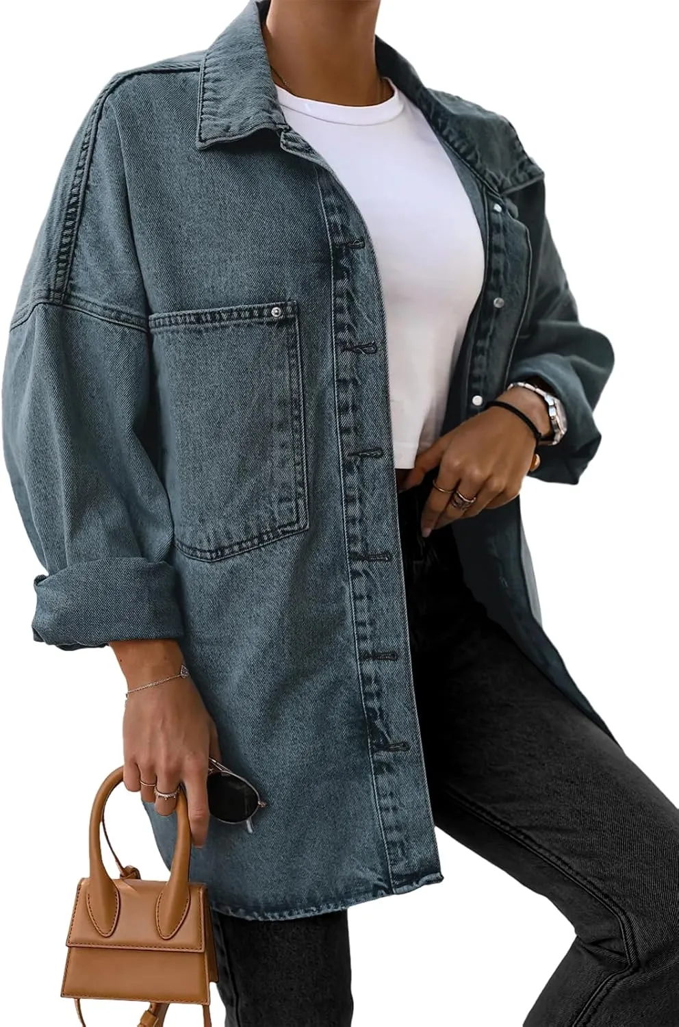 Saodimallsu Women's Oversized Denim Jackets Casual Button Down Long Boyfriend Jean Coats with Pockets