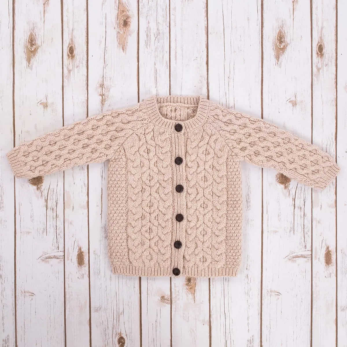 SAOL Aran Cardigan for Kids: 100% Merino Wool, Crew Neck, and Button Front - Made in Ireland