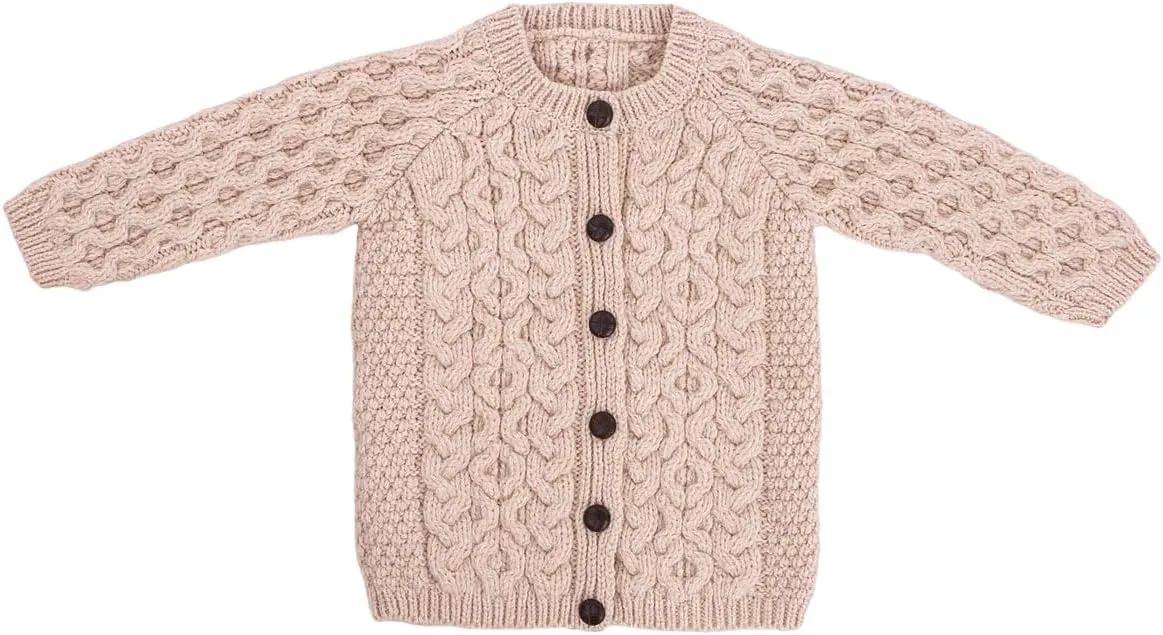 SAOL Aran Cardigan for Kids: 100% Merino Wool, Crew Neck, and Button Front - Made in Ireland