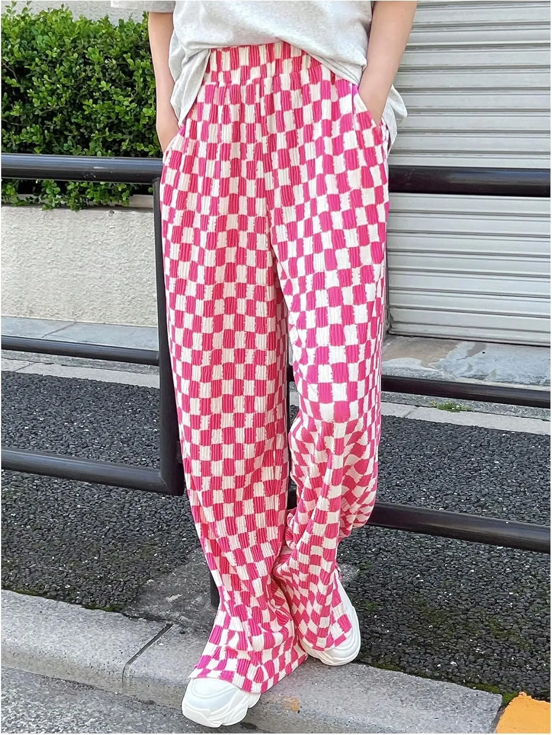 SHENHE Women's Checkered Pants Split Hem Straight Leg Elastic Waist Casual Loose Pants