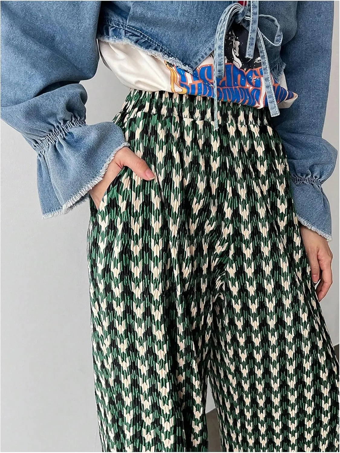 SHENHE Women's Checkered Pants Split Hem Straight Leg Elastic Waist Casual Loose Pants