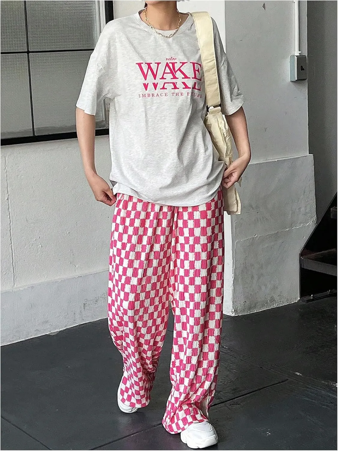 SHENHE Women's Checkered Pants Split Hem Straight Leg Elastic Waist Casual Loose Pants