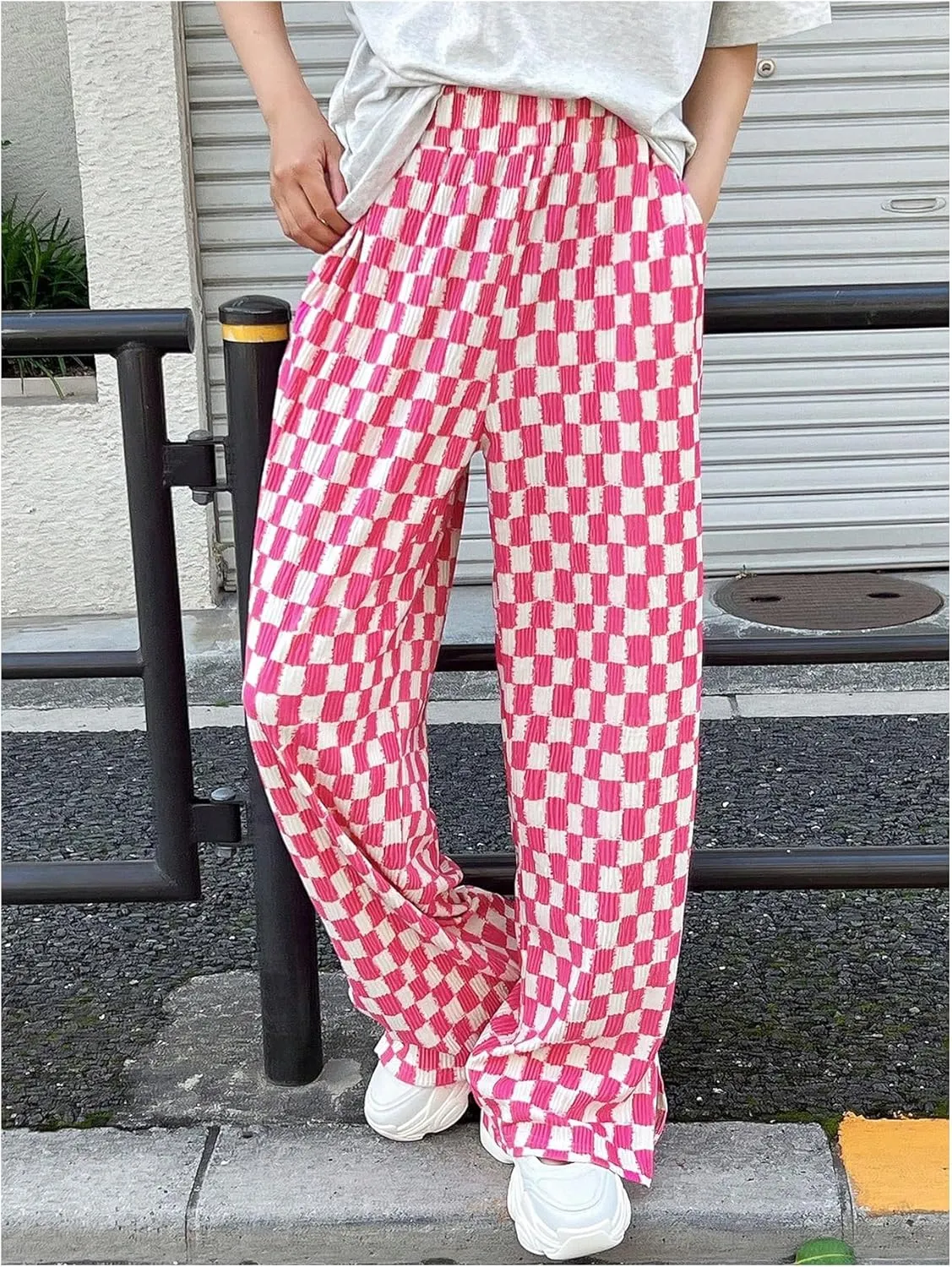 SHENHE Women's Checkered Pants Split Hem Straight Leg Elastic Waist Casual Loose Pants