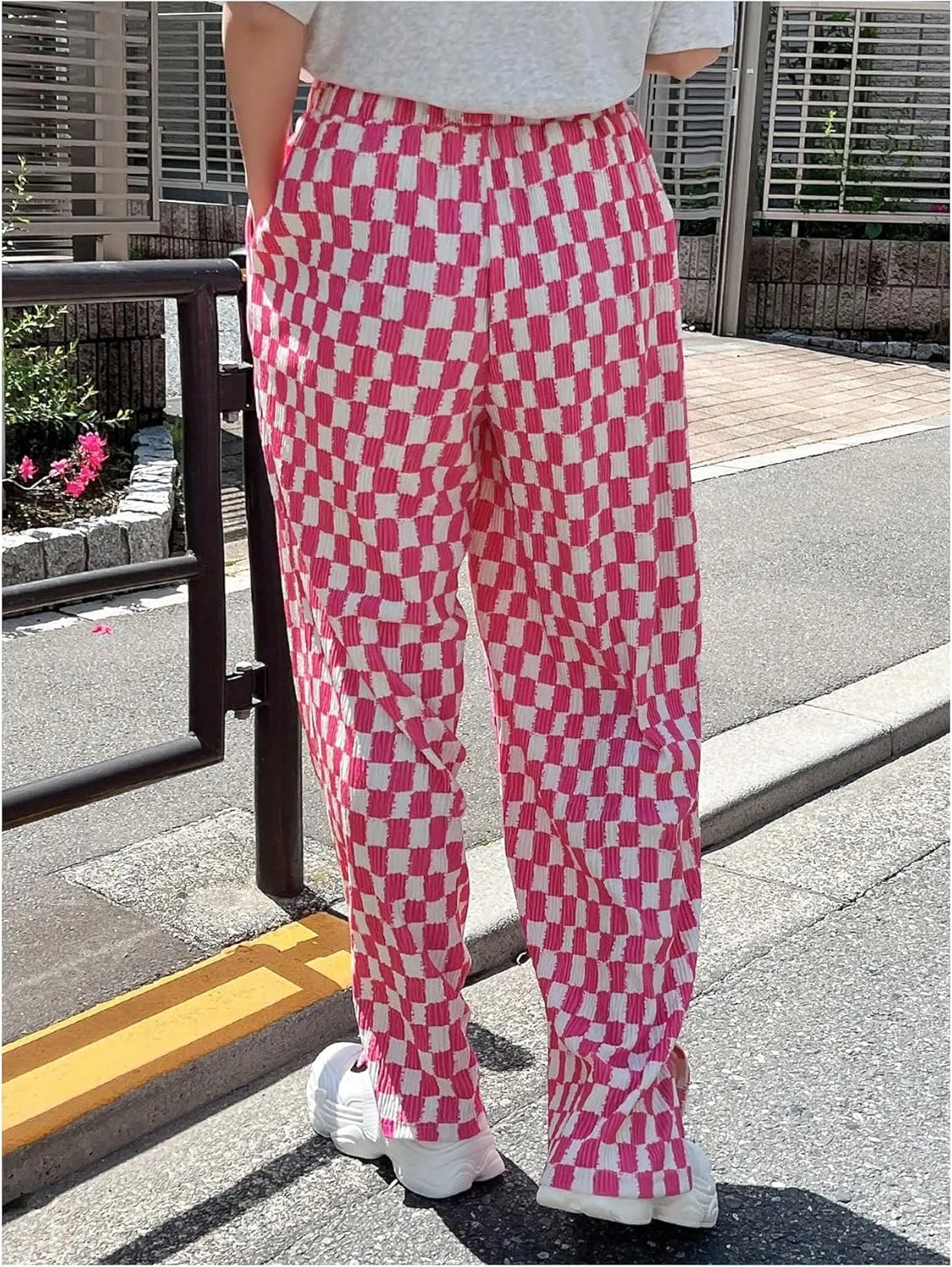 SHENHE Women's Checkered Pants Split Hem Straight Leg Elastic Waist Casual Loose Pants