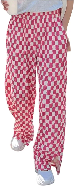 SHENHE Women's Checkered Pants Split Hem Straight Leg Elastic Waist Casual Loose Pants