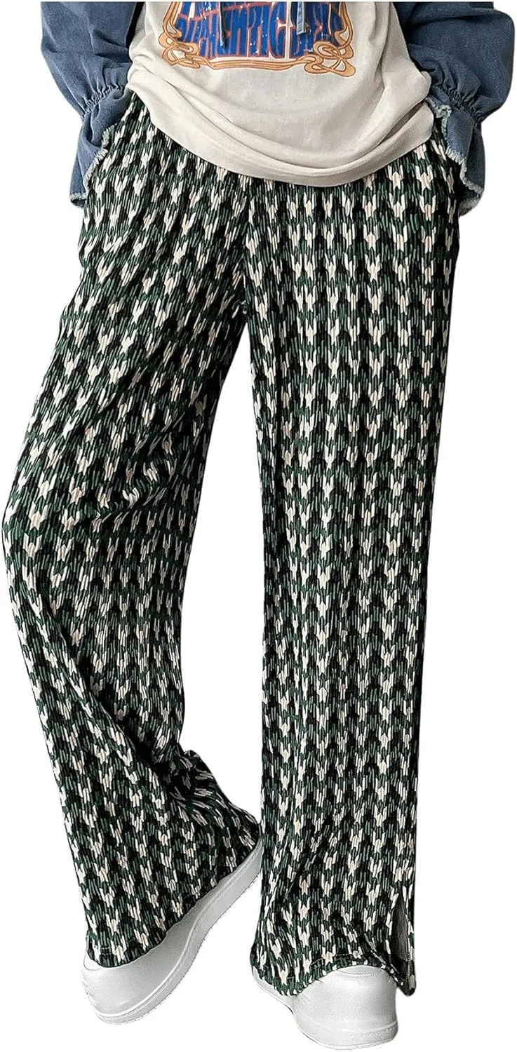 SHENHE Women's Checkered Pants Split Hem Straight Leg Elastic Waist Casual Loose Pants