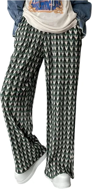SHENHE Women's Checkered Pants Split Hem Straight Leg Elastic Waist Casual Loose Pants