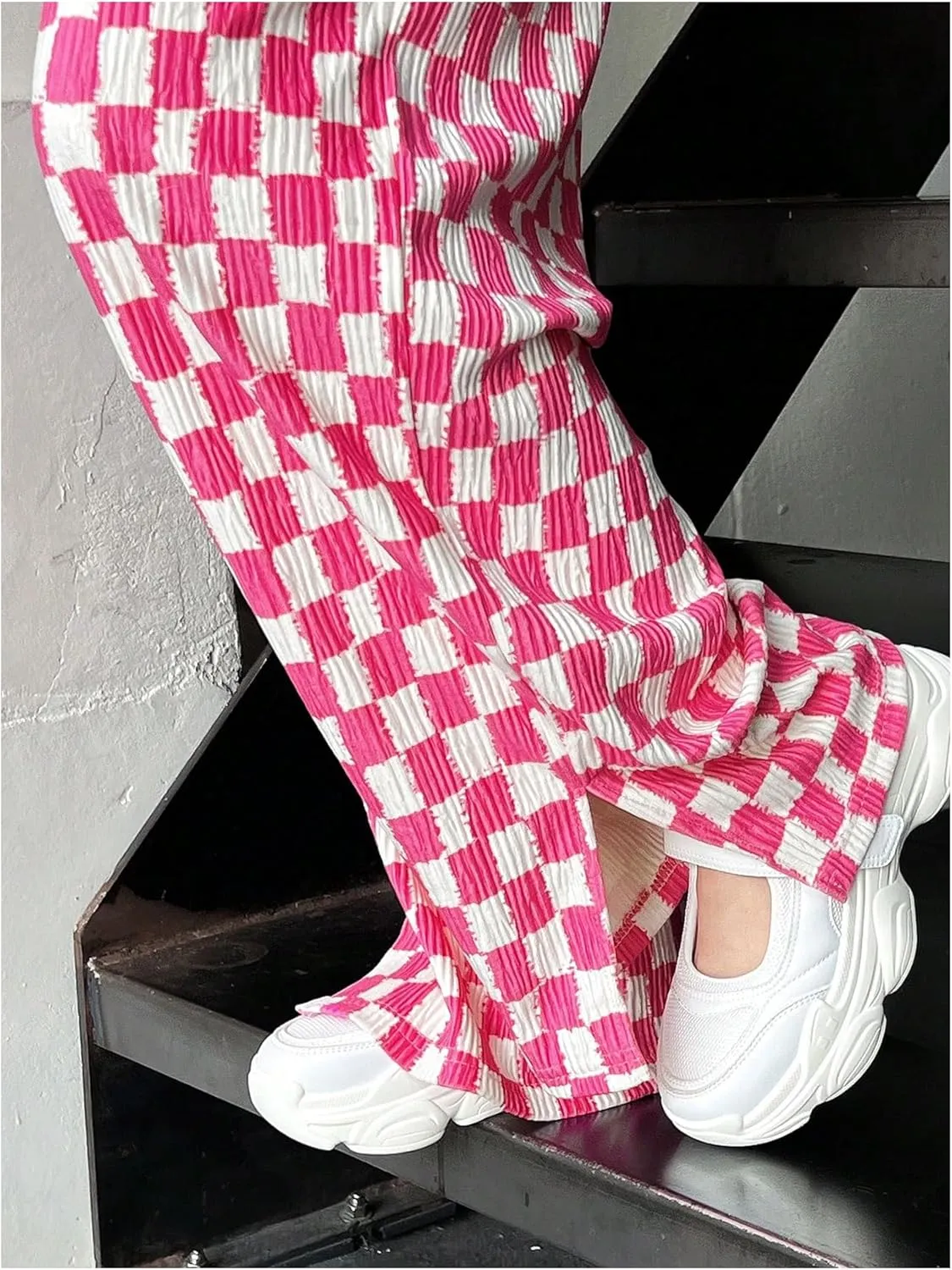 SHENHE Women's Checkered Pants Split Hem Straight Leg Elastic Waist Casual Loose Pants