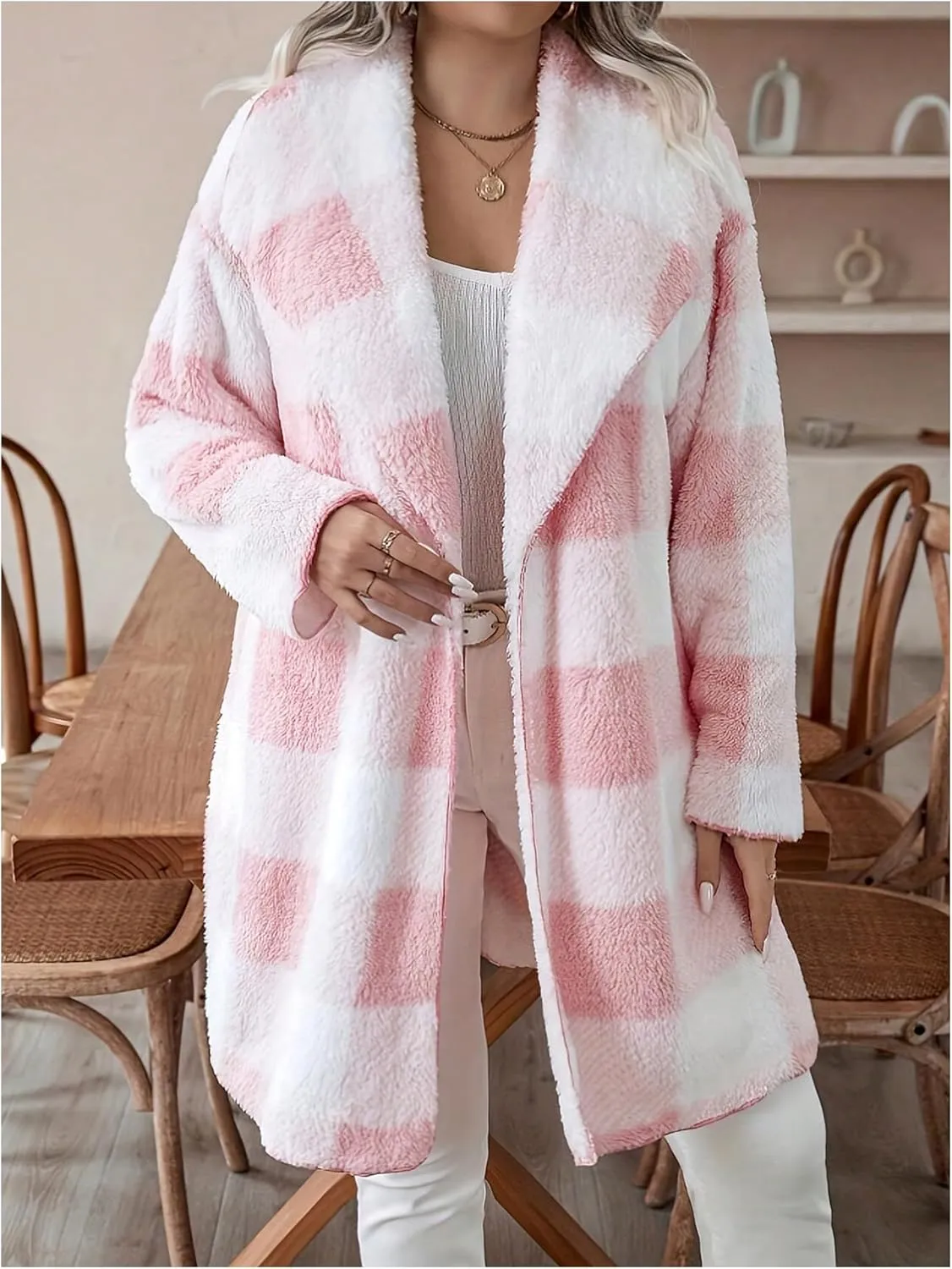 SHENHE Women's Plus Size Checkered Teddy Coat Fuzzy Fleece Plaid Open Front Lapel Long Cardigan Coat