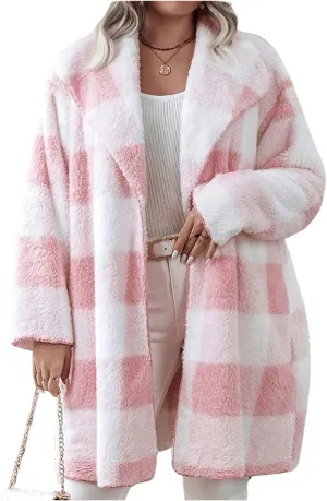 SHENHE Women's Plus Size Checkered Teddy Coat Fuzzy Fleece Plaid Open Front Lapel Long Cardigan Coat