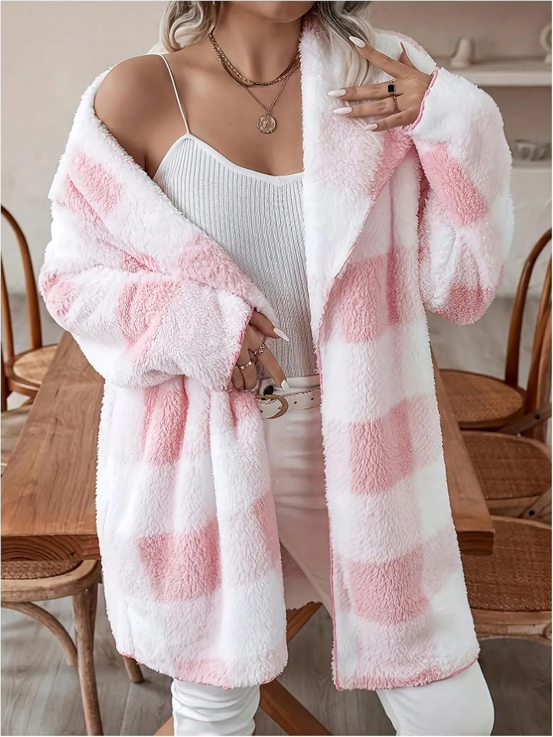 SHENHE Women's Plus Size Checkered Teddy Coat Fuzzy Fleece Plaid Open Front Lapel Long Cardigan Coat