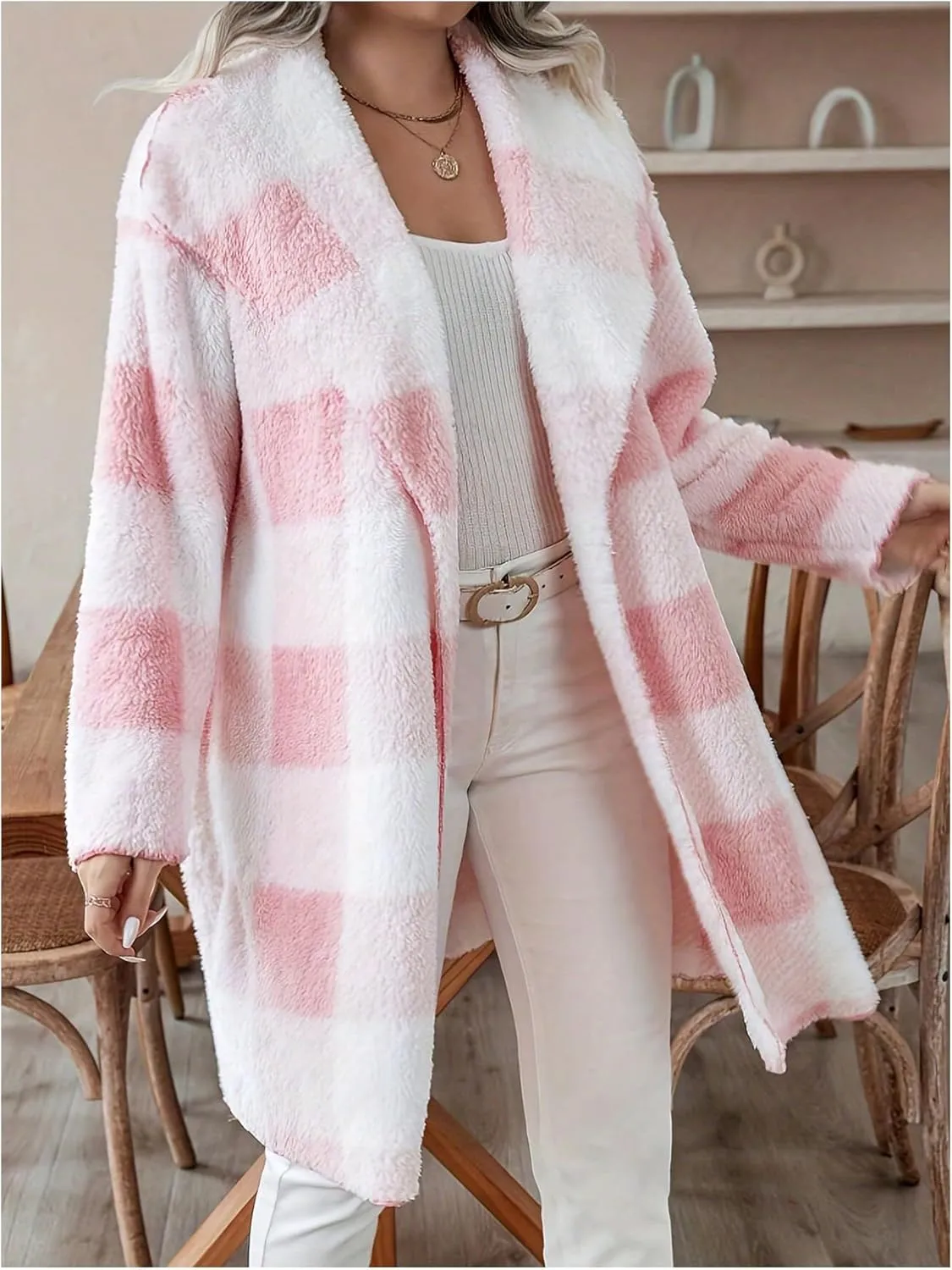 SHENHE Women's Plus Size Checkered Teddy Coat Fuzzy Fleece Plaid Open Front Lapel Long Cardigan Coat